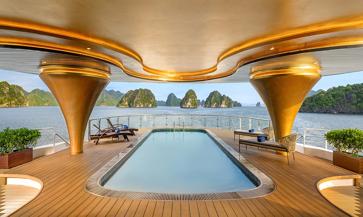Infinity swimming pool aboard a luxury cruise in Ha Long Bay