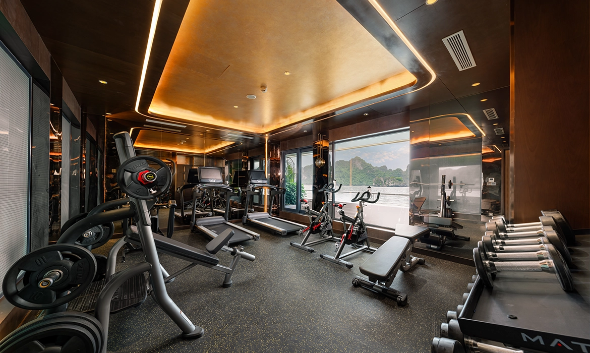 Modern fitness gym aboard a luxury cruise in Ha Long Bay