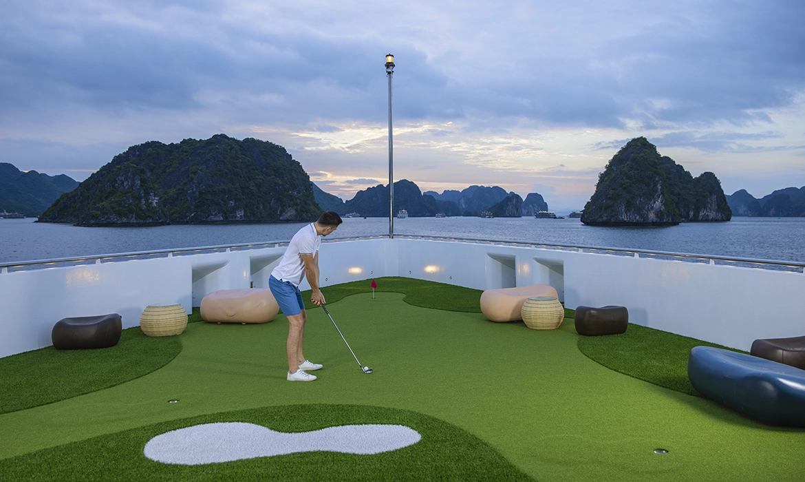 Mini golf experience on the upper deck of a Ha Long Bay luxury cruise